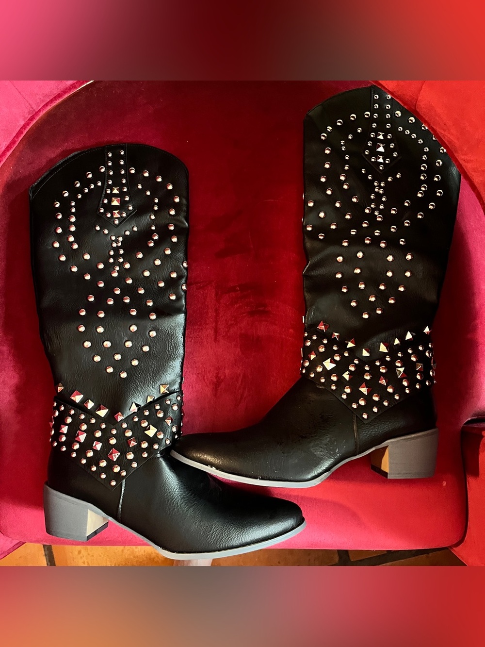 Black Studded Western Mid-Calf Boots - Women